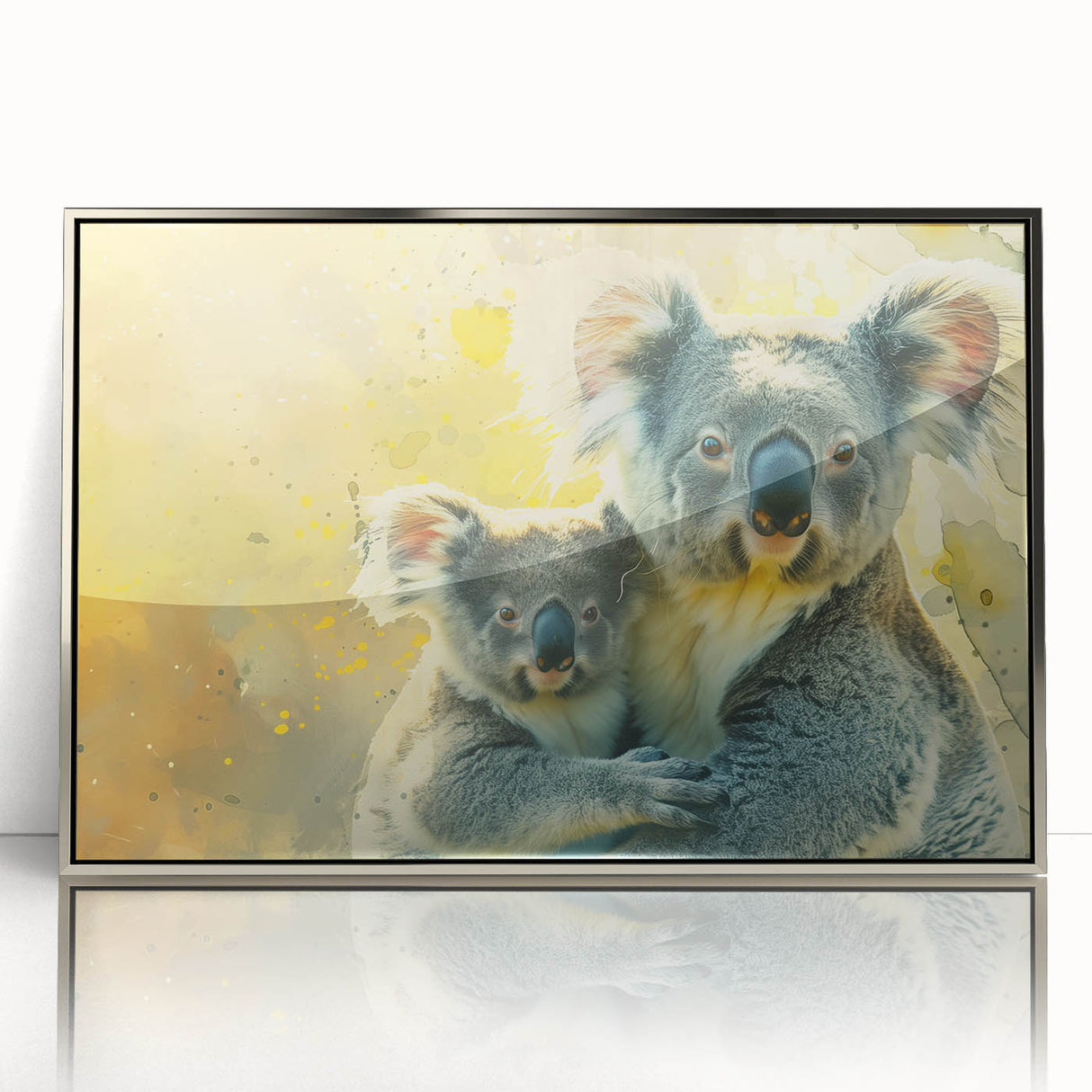 Framed acrylic wall art featuring a detailed koala design, presented in a sleek silver frame, ideal for wildlife enthusiasts and modern decor. The vibrant colors and intricate details make it a captivating focal point for any room.