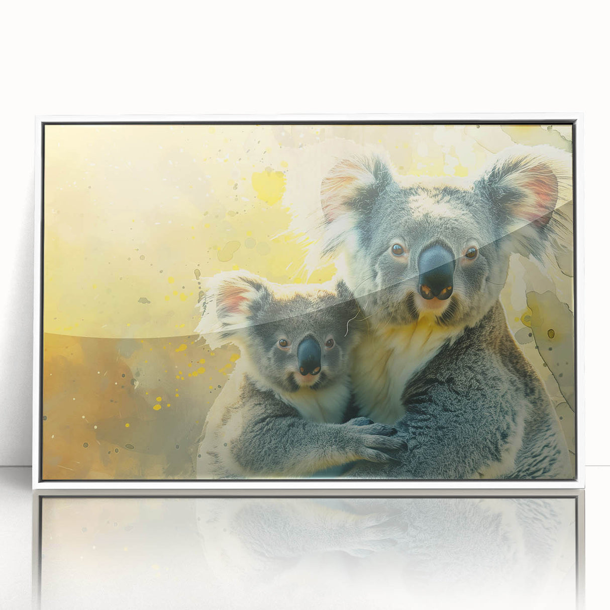 Framed wall art featuring a serene koala design in a white frame, showcasing vibrant colors and intricate details, perfect for animal lovers and nature-themed decor.