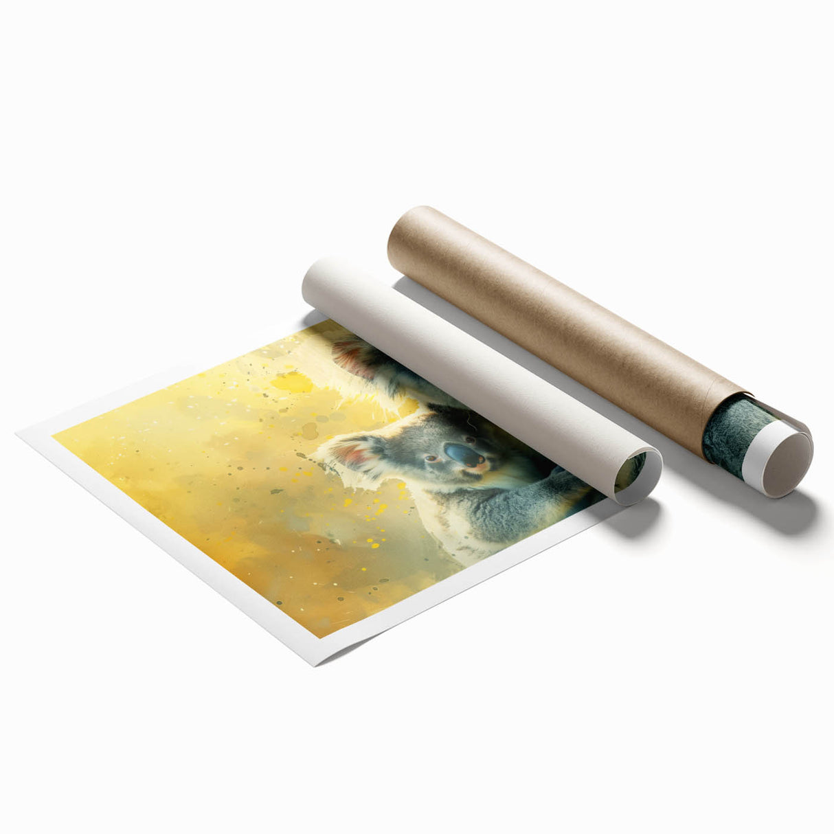 Koala wall art print showcasing a vibrant, realistic depiction of a koala resting on a eucalyptus tree, ideal for animal lovers and home decoration. The rolled print features detailed colors and textures, enhancing any room's aesthetic.