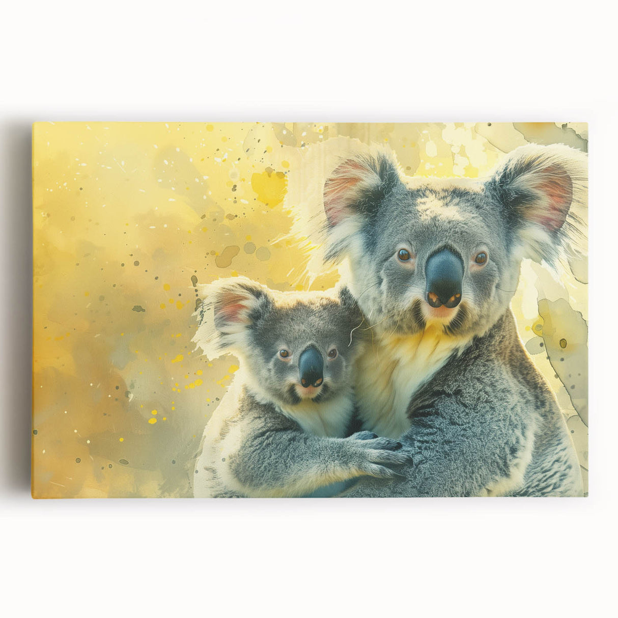 Vibrant koala wall art design on stretched canvas, showcasing a detailed front view of the iconic Australian marsupial, perfect for nature-themed decor.