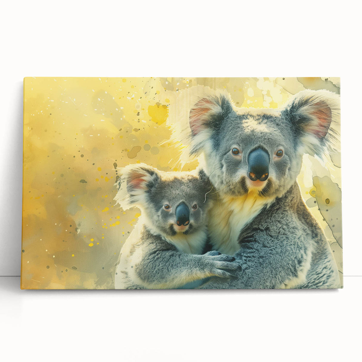 Stretched canvas featuring a vibrant koala design from a wildlife collection, leaning against a wall, perfect for adding an Australian touch to home decor.