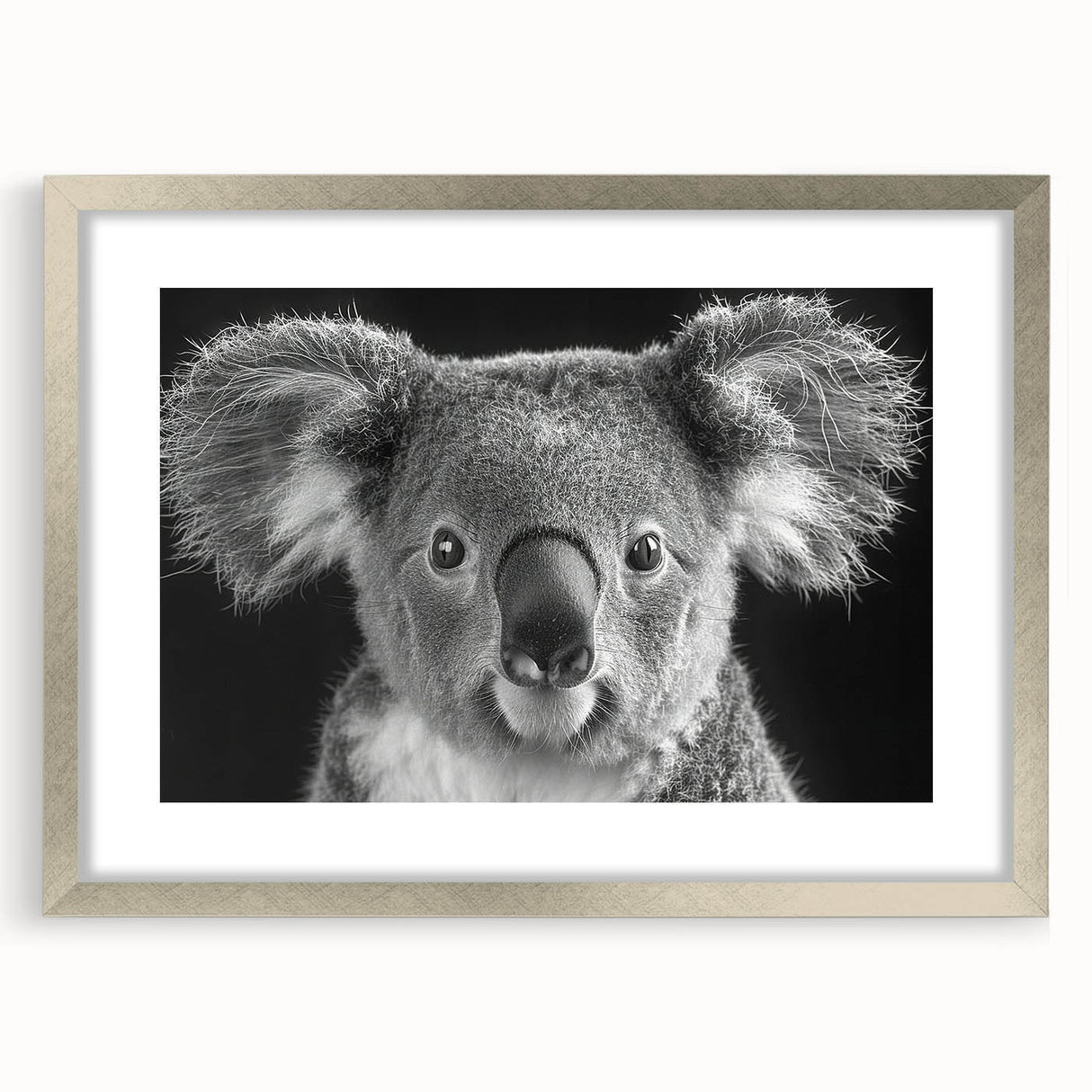 Framed wall art featuring a serene koala design set against a soft white mat, enclosed in a sleek silver frame, perfect for animal lovers and modern decor enthusiasts.