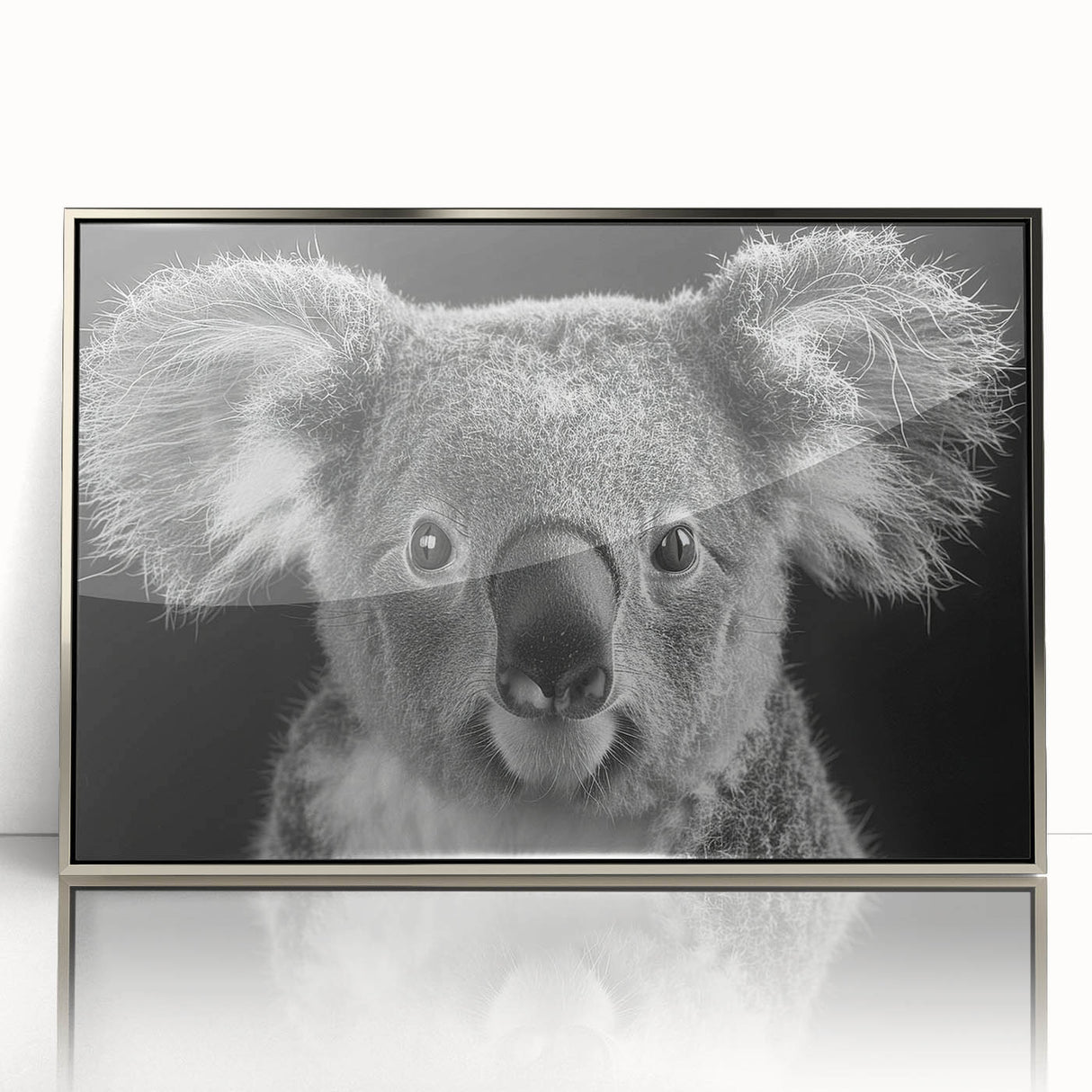 Framed acrylic wall art featuring a detailed koala design, set against a silver background, perfect for animal lovers and home decor enthusiasts.