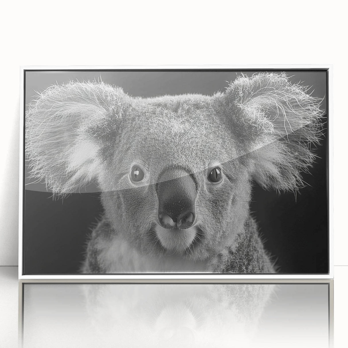 Framed acrylic wall art featuring a serene koala design, showcasing soft gray and white hues, ideal for nature lovers and modern decor enthusiasts.