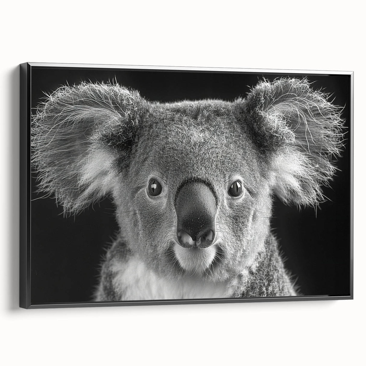 Framed wall art collection featuring a koala design on a black canvas, showcasing vibrant colors and intricate details, ideal for animal lovers and home decor enthusiasts.
