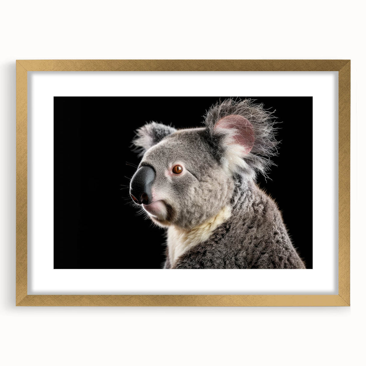 Framed wall art featuring a koala design, set against a gold mat, showcasing a charming wildlife theme perfect for animal lovers and modern decor enthusiasts.
