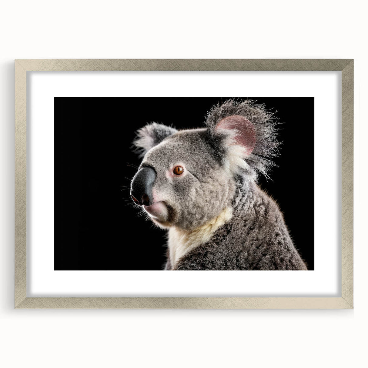 Koala-themed wall art collection framed in silver with a matte finish, showcasing a detailed design of a koala in a natural setting, perfect for wildlife enthusiasts.