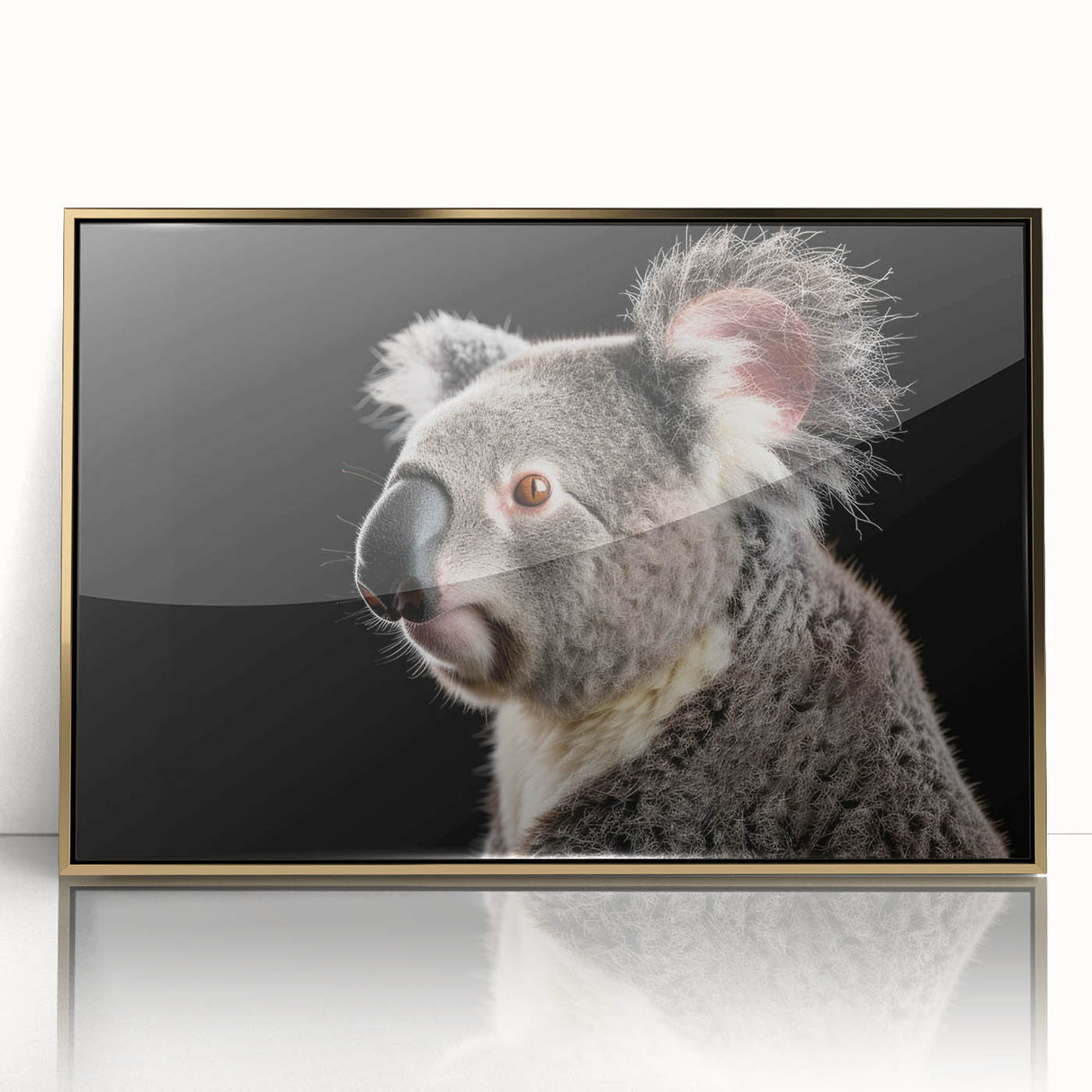 Framed wall art featuring a stunning koala design, showcasing vibrant colors and intricate details, set against a gold-acrylic background for an elegant home decor accent.