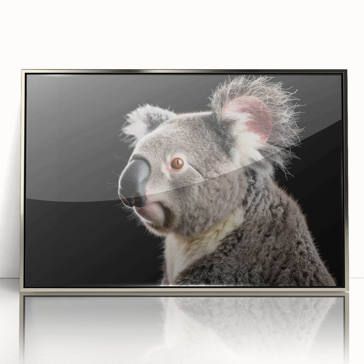 Framed wall art featuring a cute koala design in a silver-acrylic frame, showcasing a vibrant depiction of wildlife, perfect for nature lovers' home decor.