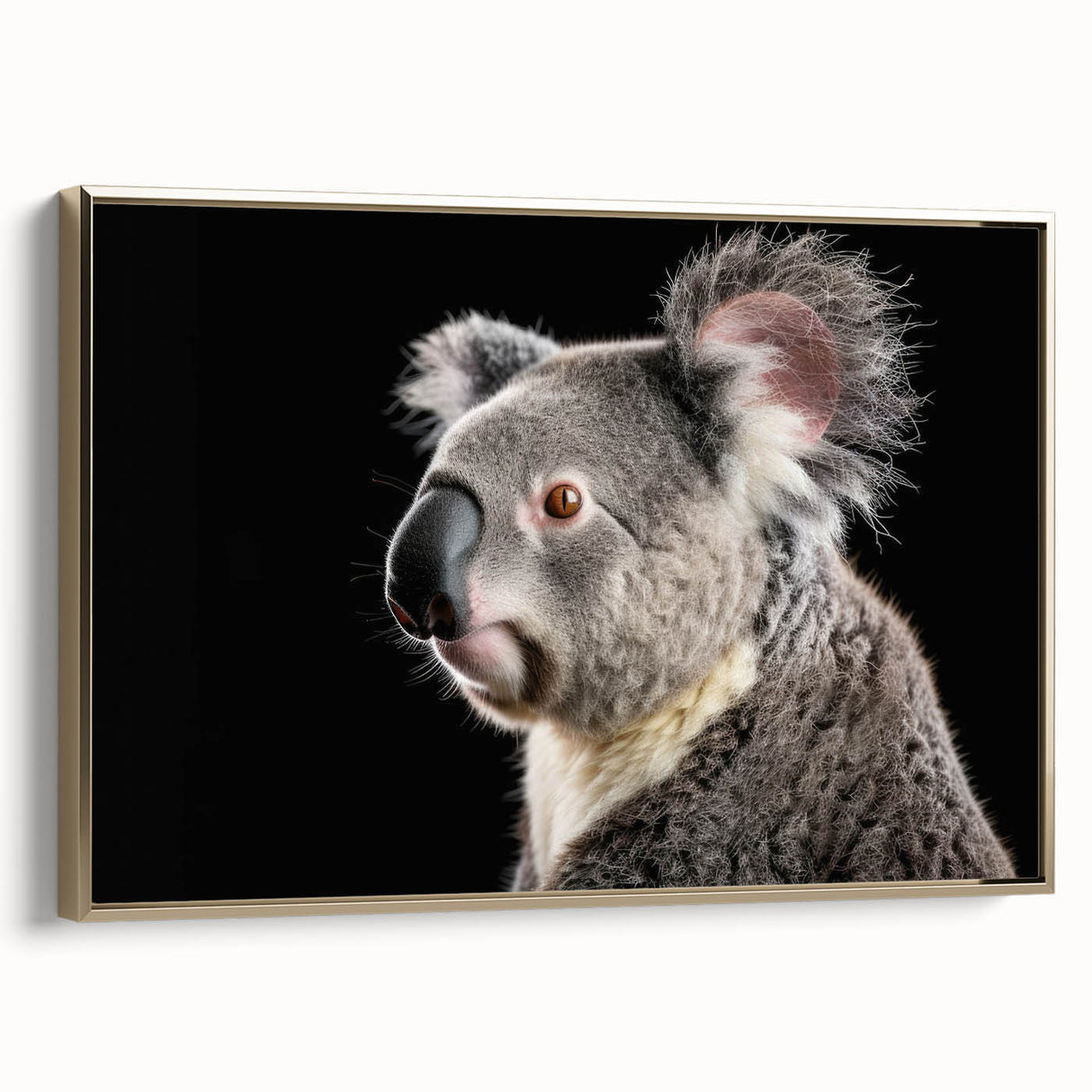 Framed canvas wall art featuring a beautifully detailed koala design in a vibrant color palette, set against a chic gold frame, perfect for wildlife enthusiasts.