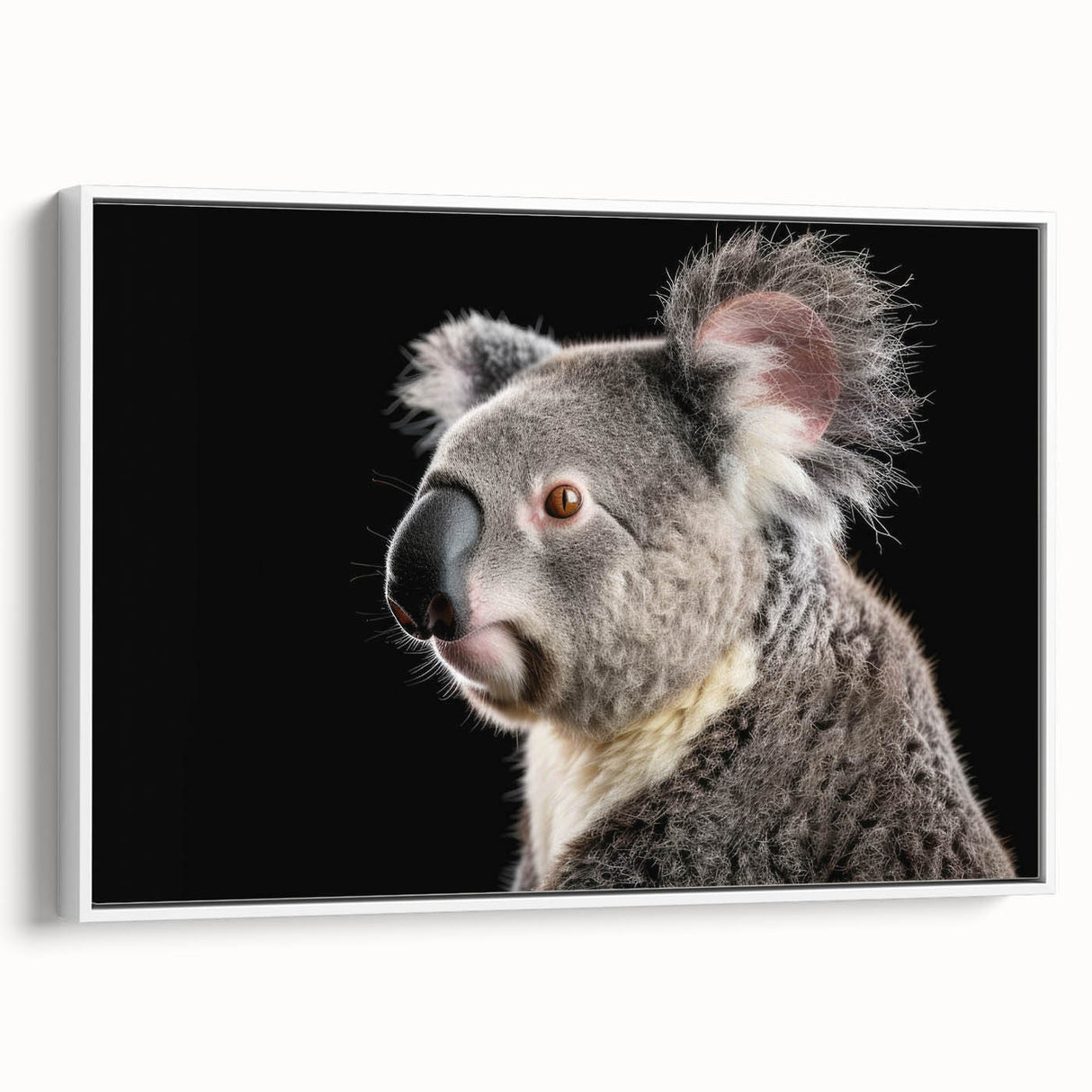 Framed canvas wall art featuring a serene koala design, showcasing a side view with detailed fur textures and vibrant colors, perfect for wildlife enthusiasts.