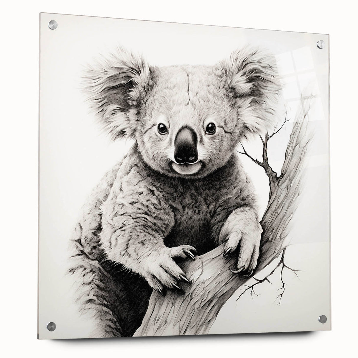 Side view of a koala-themed wall art collection featuring vibrant acrylic glass panels, each showcasing detailed wildlife designs, ideal for animal lovers' decor.