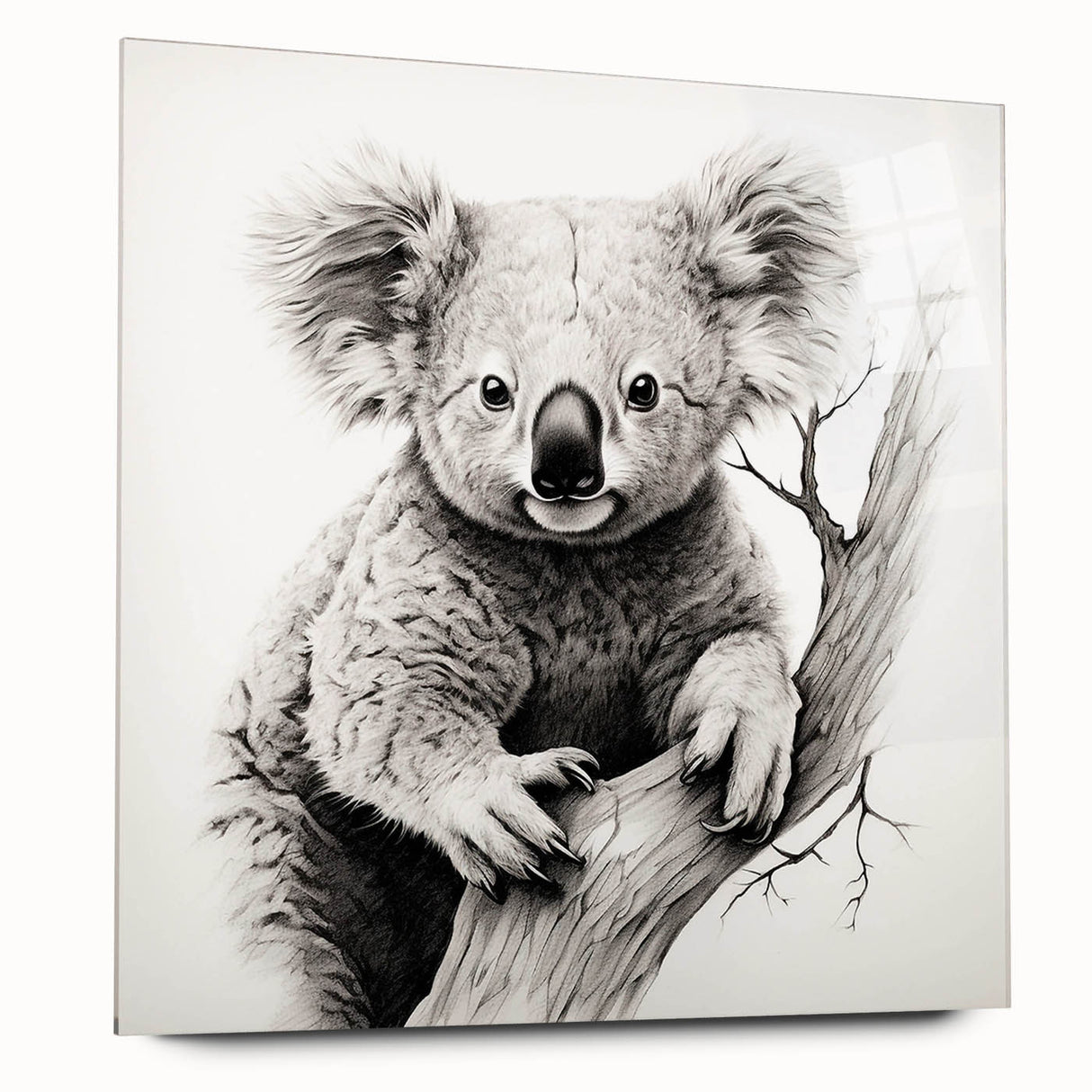 Acrylic glass wall art collection featuring a side view of a whimsical koala design, showcasing vibrant colors and intricate details, perfect for animal lovers.