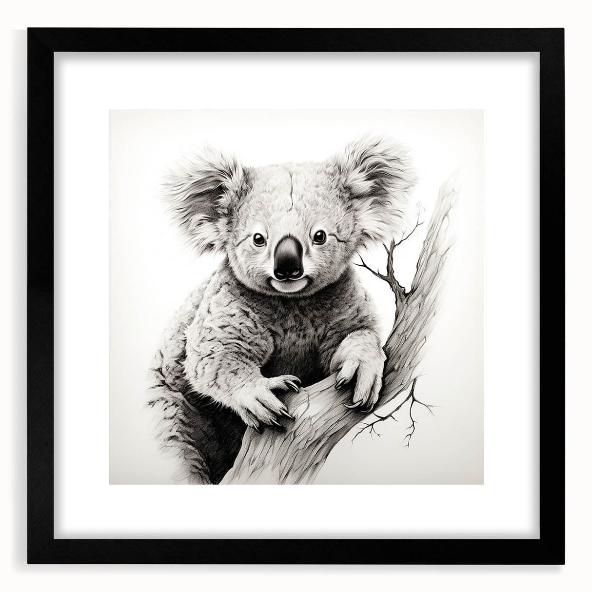 Koala wall art design framed in black, featuring a realistic illustration of a koala in a natural setting, perfect for wildlife enthusiasts and home decor.