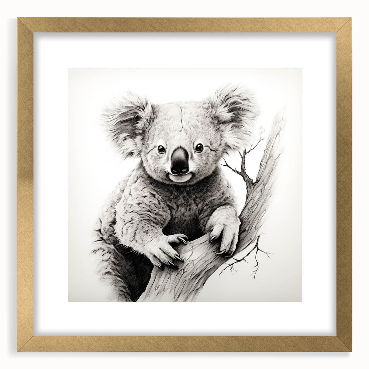 Close-up of a framed wall art collection showcasing a beautifully designed koala illustration, with a gold frame and mat, perfect for wildlife enthusiasts and nature decor.