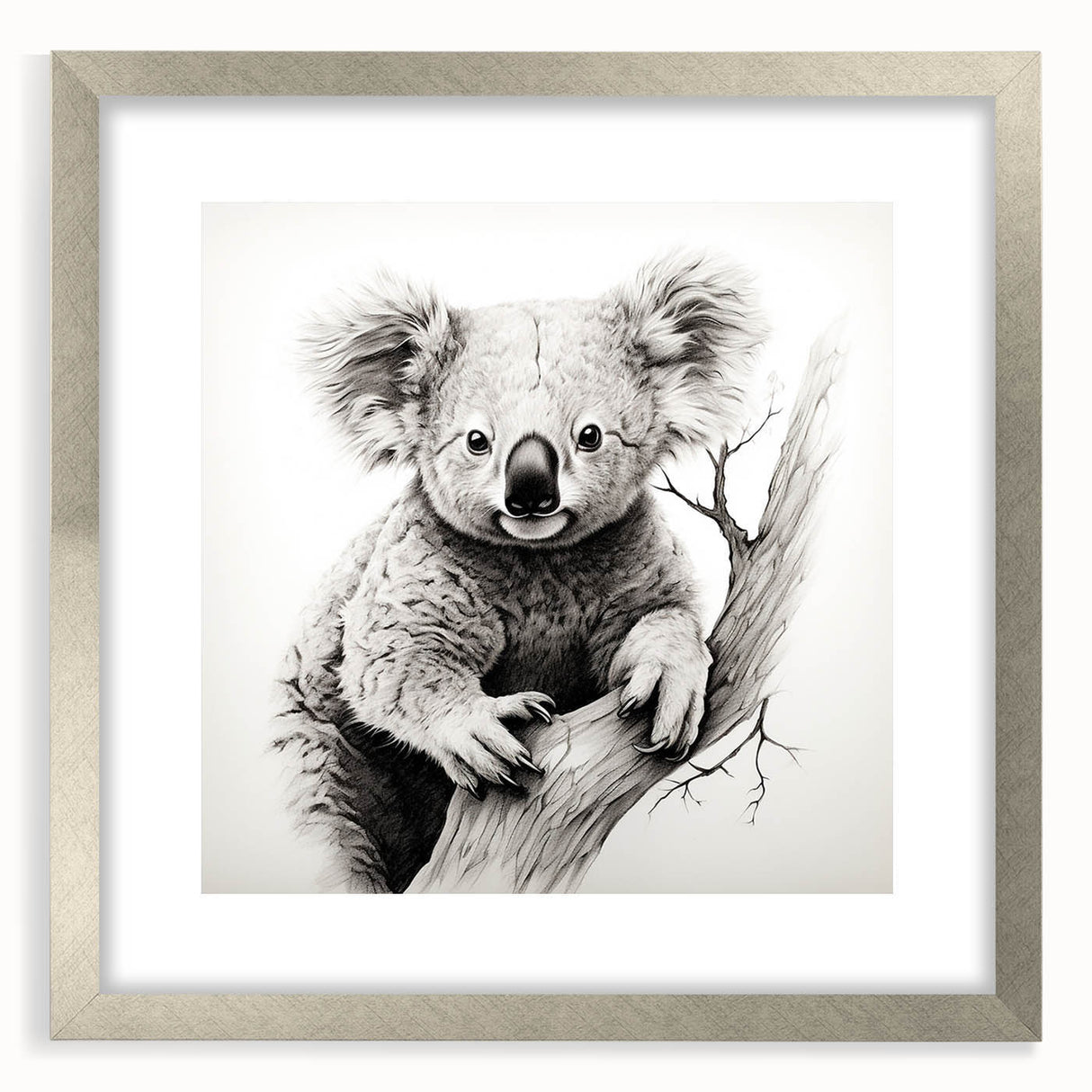 Framed wall art collection featuring a koala design, showcasing a silver mat and sleek frame, ideal for wildlife-themed home decor. Perfect for nature lovers.