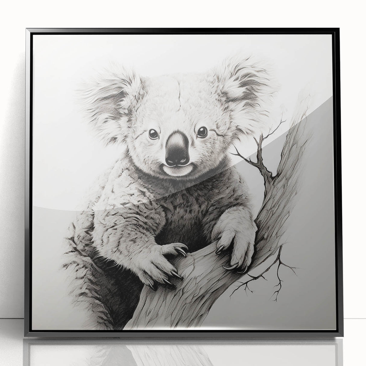 Framed wall art featuring a vibrant koala design, showcasing a black acrylic frame and a colorful depiction of Australian wildlife, perfect for nature enthusiasts.