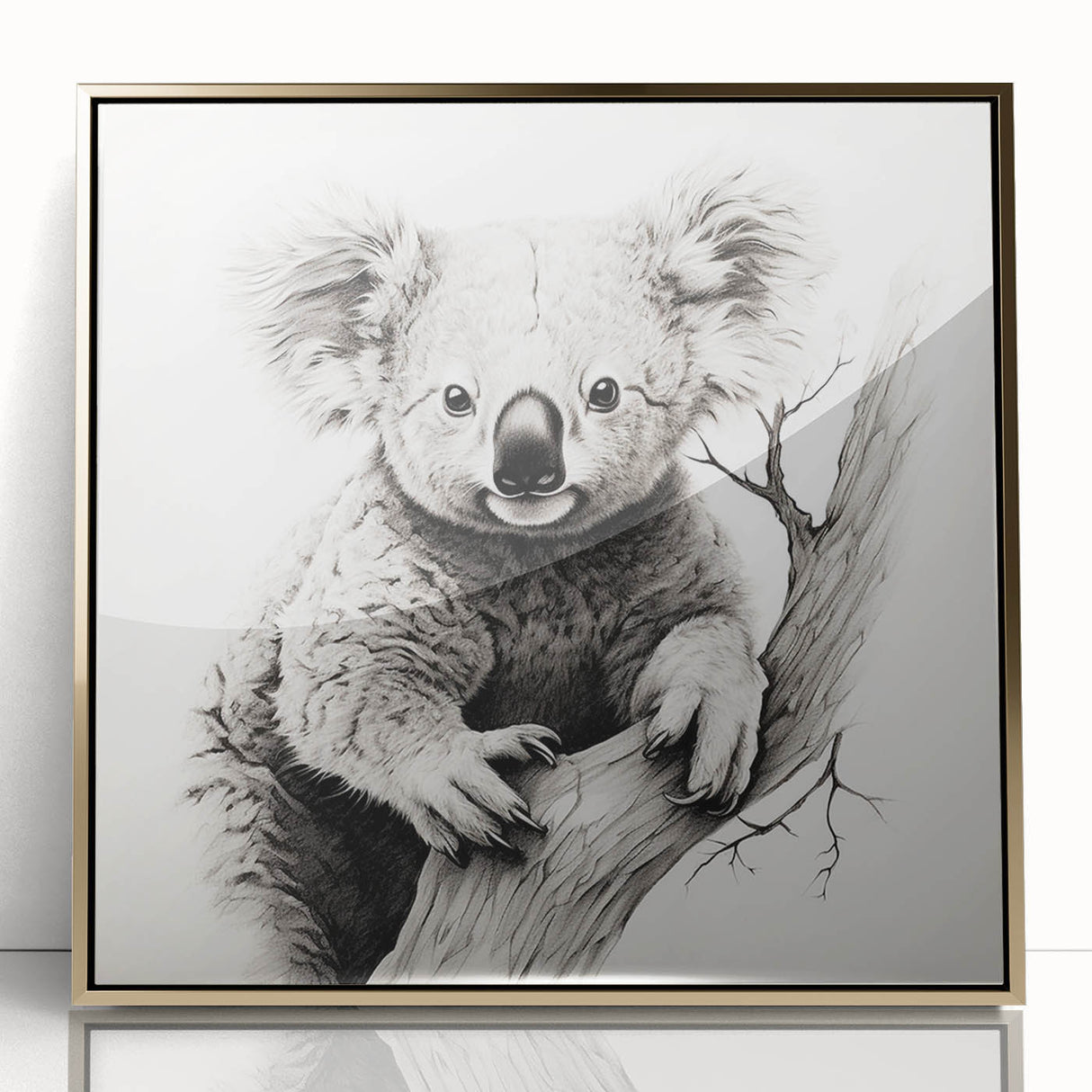 Framed acrylic wall art featuring a detailed koala design, showcasing vibrant colors and a gold frame, perfect for wildlife enthusiasts and home decor.