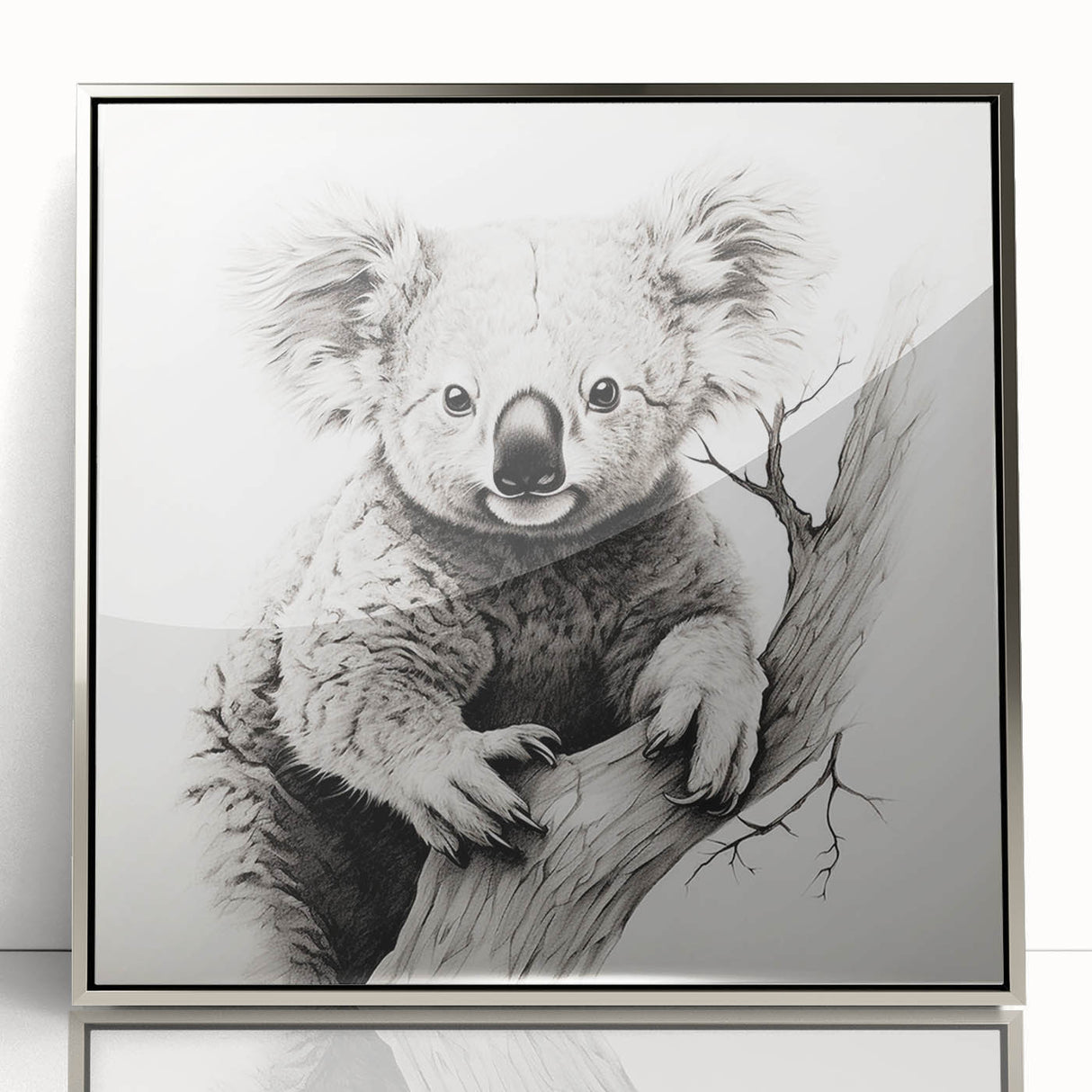 Framed wall art featuring a vibrant koala design in an acrylic finish, showcasing a silver frame. Perfect for nature lovers and home decor enthusiasts.