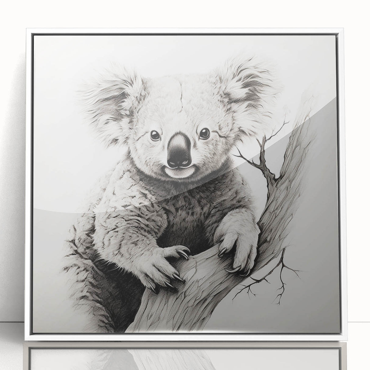 Framed wall art showcasing a vibrant koala design on a white background, featuring an acrylic finish that enhances its colors and details, perfect for animal lovers and modern decor.
