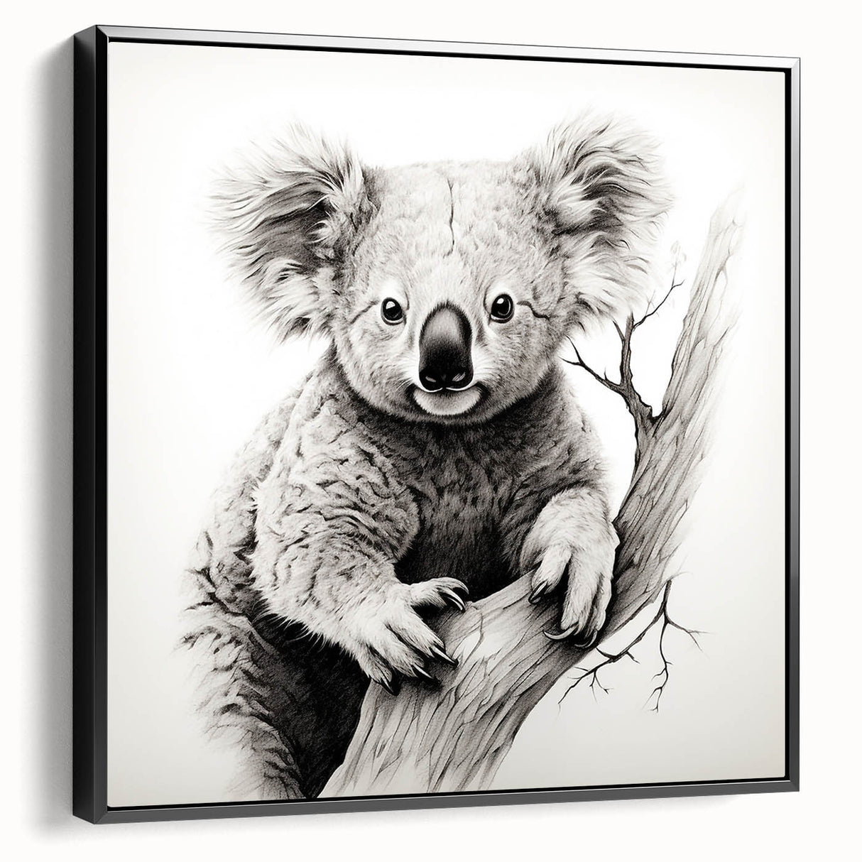 Framed canvas wall art showcasing a detailed koala design, featuring vibrant colors and a sleek black frame, perfect for nature enthusiasts and home decor.