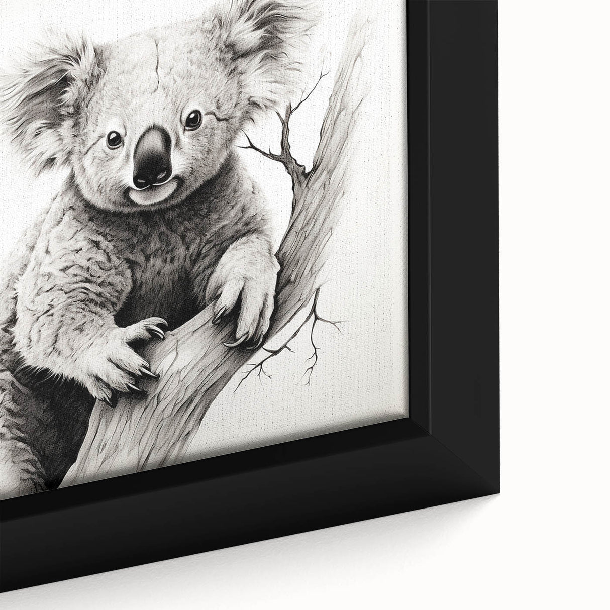 Close-up of a framed canvas wall art showcasing a vibrant koala design, highlighting intricate details and soft colors, perfect for wildlife enthusiasts and home decor.