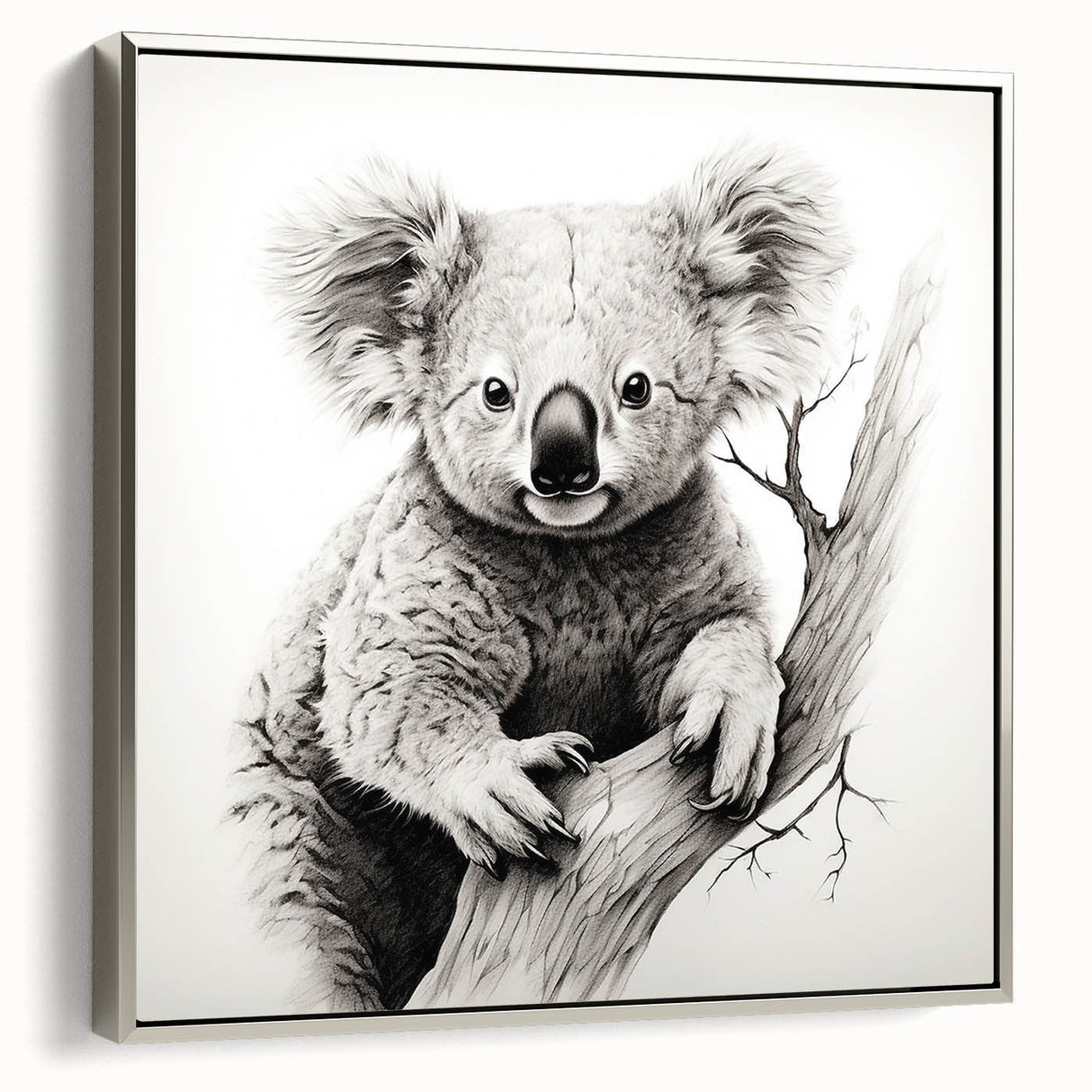 Framed wall art showcasing an elegant koala design in a silver frame, perfect for nature lovers. Ideal for home decor, adding a touch of wildlife charm.