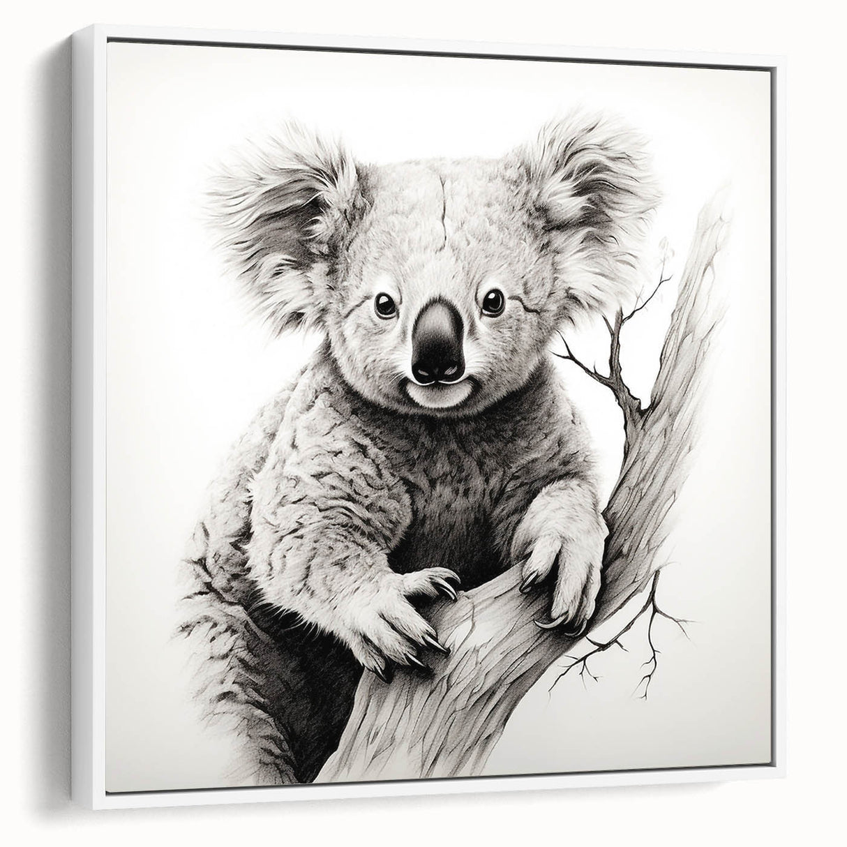 Framed canvas wall art showcasing a detailed koala design, featuring soft colors and a white border, perfect for adding a touch of wildlife charm to any decor.