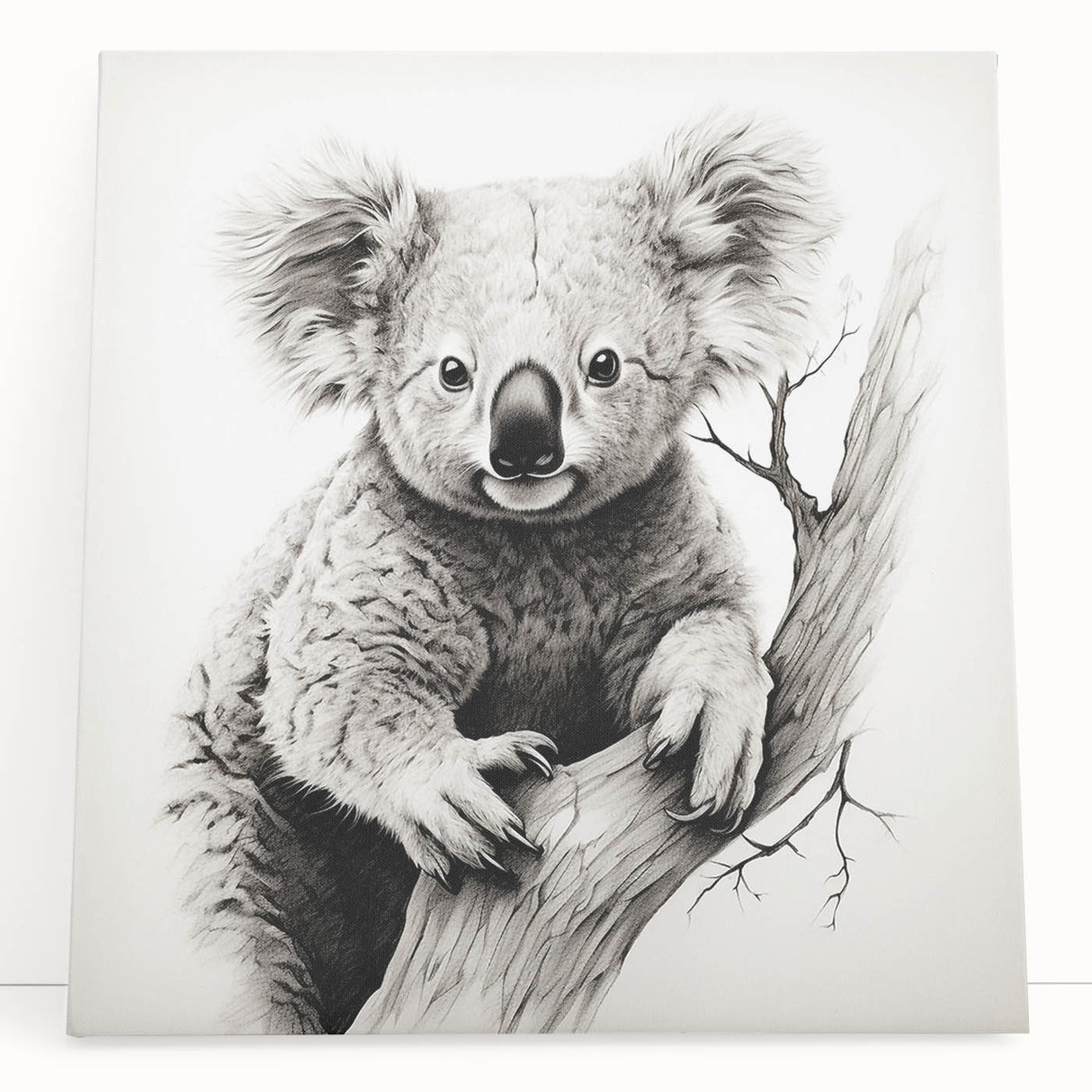 Close-up of a stretched canvas wall art featuring a whimsical koala design, showcasing vibrant colors and intricate details, perfect for animal lovers and home decor enthusiasts.