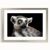 Lemur wall art design framed in silver with a mat, showcasing a vibrant illustration of a lemur in a lush jungle setting, perfect for animal lovers’ decor.