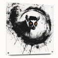 Acrylic glass wall art featuring a vibrant lemur design, showcasing intricate details and colors, mounted with decorative pins on a stylish display.