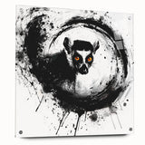 Acrylic glass wall art featuring a vibrant lemur design, showcasing intricate details and colors, mounted with decorative pins on a stylish display.