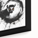Close-up of a vibrant framed canvas depicting a colorful lemur in its natural habitat, showcasing intricate details and textures, perfect for wildlife art enthusiasts.