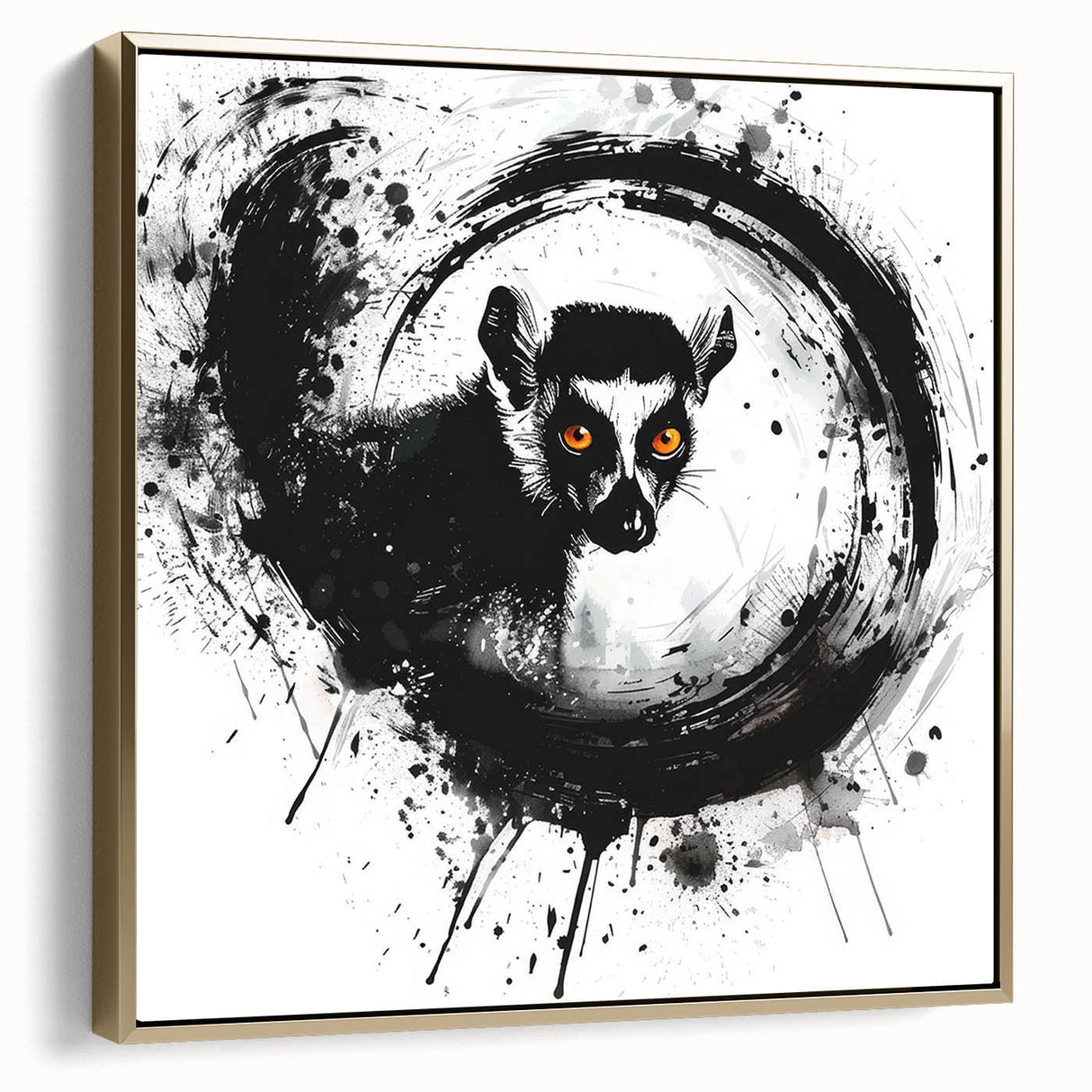 Framed wall art featuring a vibrant design of a lemur in a jungle setting, with gold accents and a sleek side view, perfect for animal lovers and home decor enthusiasts.
