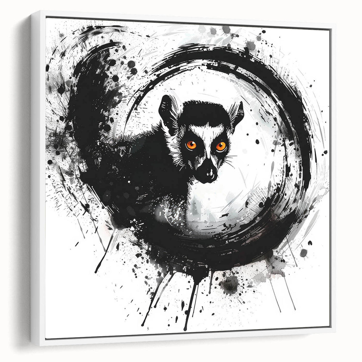 Framed canvas wall art featuring a vibrant lemur design, showcasing colorful details and a white border, perfect for adding a playful touch to any room.