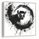Framed canvas wall art featuring a vibrant lemur design, showcasing colorful details and a white border, perfect for adding a playful touch to any room.