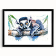 Lemur-themed wall art print featuring vibrant colors and intricate design, framed with a sleek black mat, perfect for animal lovers and modern decor.