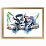 Gold-framed wall art featuring a vibrant lemur design, showcasing rich colors and intricate details, perfect for animal lovers and home decor enthusiasts.