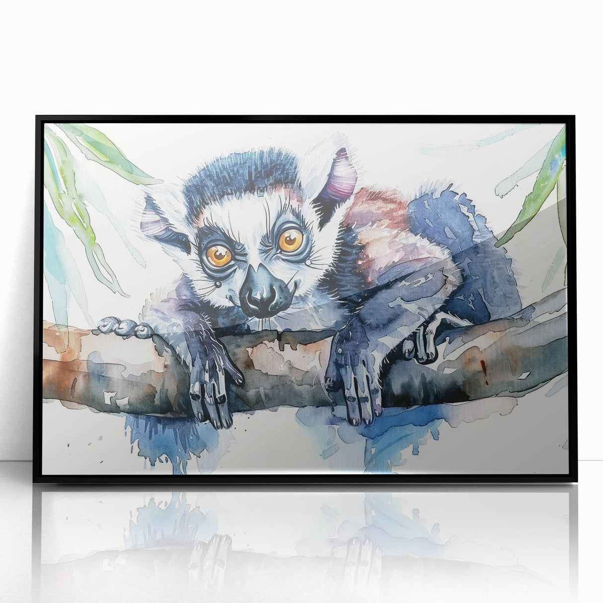 Framed wall art featuring a vibrant lemur design in a black acrylic frame, showcasing the beauty of wildlife. Ideal for animal lovers and home decor enthusiasts.