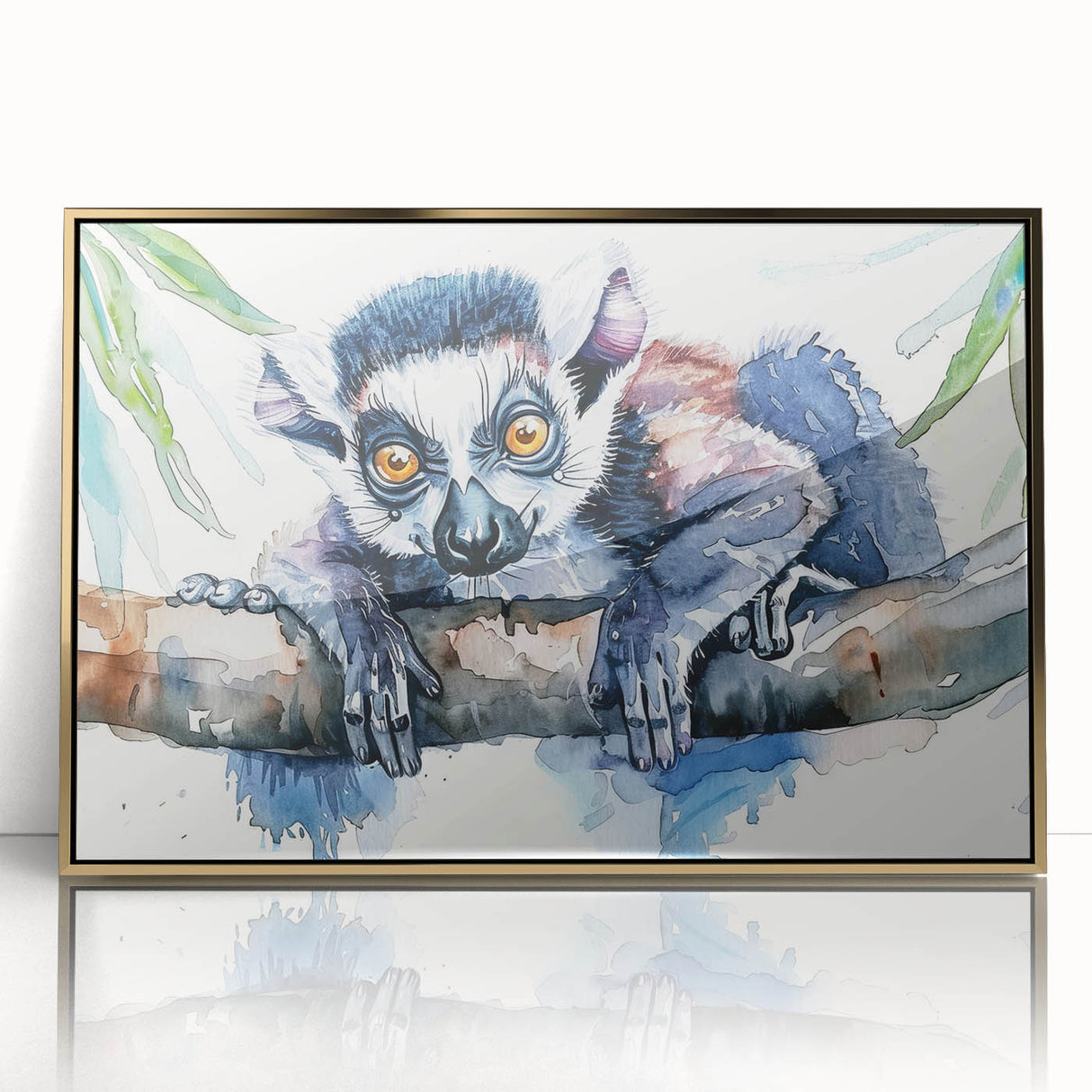 Framed wall art featuring a vibrant lemur design in a gold-acrylic finish, showcasing intricate details and bold colors, perfect for animal lovers' decor.