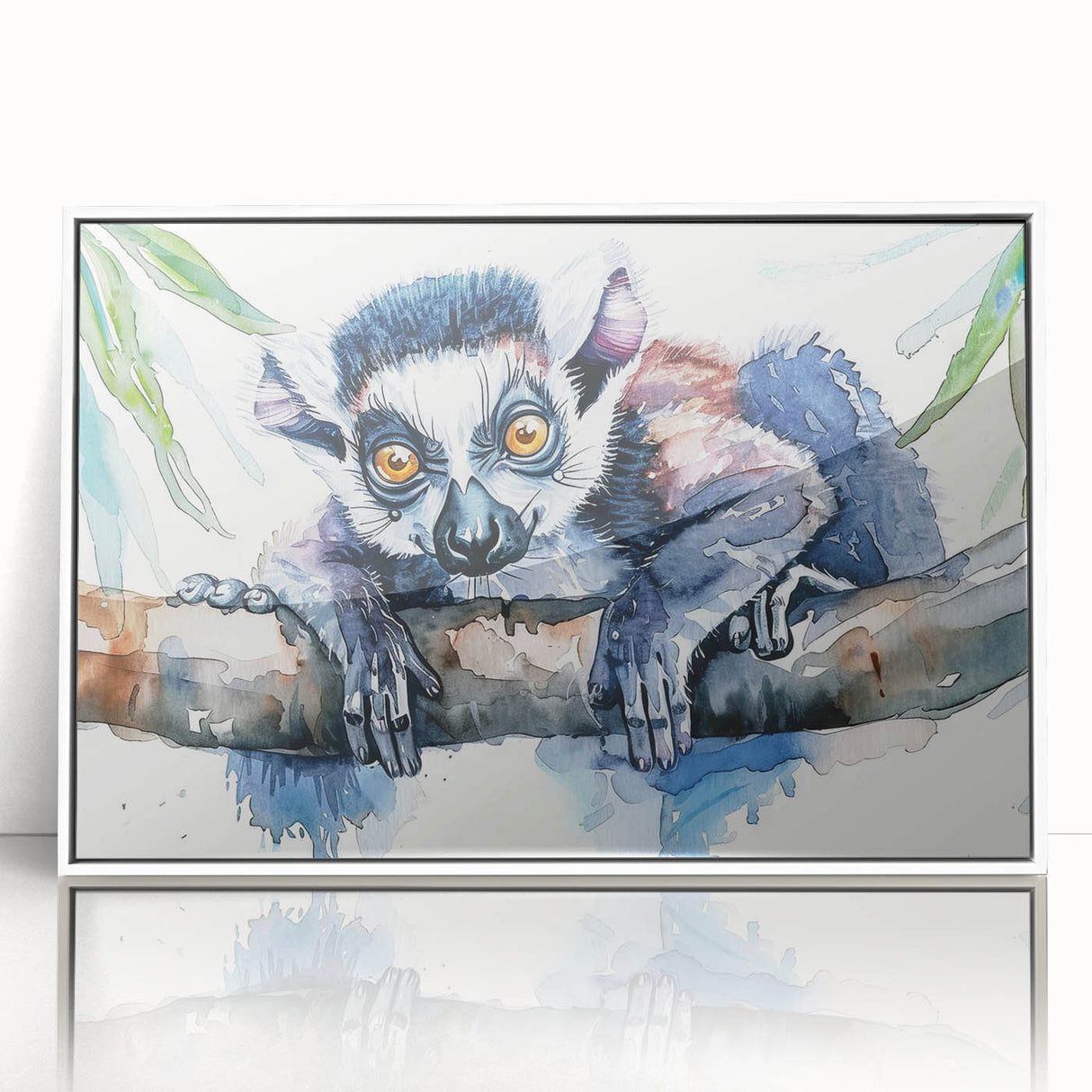 Framed wall art featuring a colorful lemur design on a white background, showcasing vibrant hues and intricate details, perfect for animal lovers and home decor.