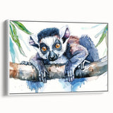 Framed wall art featuring a vibrant lemur design on canvas, showcasing detailed wildlife illustration against a white backdrop, ideal for nature-themed decor.