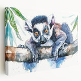 Stretched canvas wall art featuring a vibrant lemur design from a wildlife collection, showcasing intricate details and rich colors against a neutral background. Perfect for animal lovers and nature-themed decor.