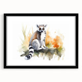 Framed wall art featuring a vibrant lemur design from the 'Animals of Wild Life' collection, showcasing intricate details against a sleek black mat, perfect for nature lovers.