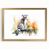 Lemur-themed wall art collection featuring a gold-framed design with a mat, showcasing vibrant colors and intricate details, perfect for animal lovers and home decor enthusiasts.