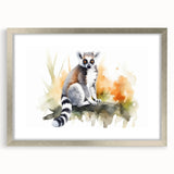 Framed wall art featuring a vibrant lemur design in a silver frame, showcasing a playful wildlife theme, perfect for nature lovers and modern decor.