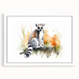 Lemur-themed wall art design in a white frame with matting, showcasing vibrant colors and intricate details, perfect for animal lovers and home decor enthusiasts.
