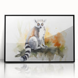 Framed acrylic wall art featuring a vibrant lemur design from the 'Animals A Wild Life' collection, showcased in a sleek black frame, perfect for animal lovers.