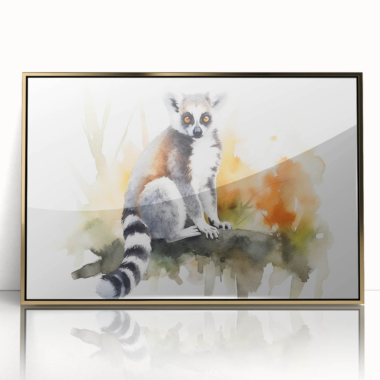 Framed acrylic wall art featuring a vibrant lemur design from the "Animals of the Wild" collection, showcasing intricate details and a luxurious gold frame, ideal for wildlife enthusiasts.