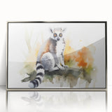 Framed wall art featuring a vibrant lemur design in a modern style, showcasing intricate details and a sleek silver frame, perfect for animal lovers' decor.